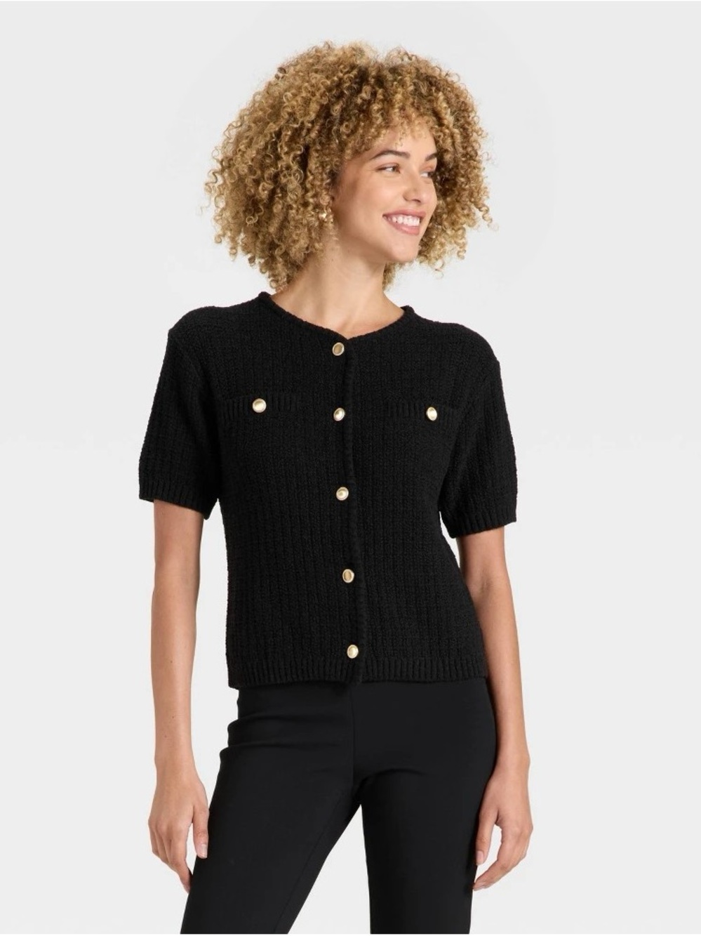 a new day Black Short-Sleeve Button Knit Top with Gold Buttons 139s